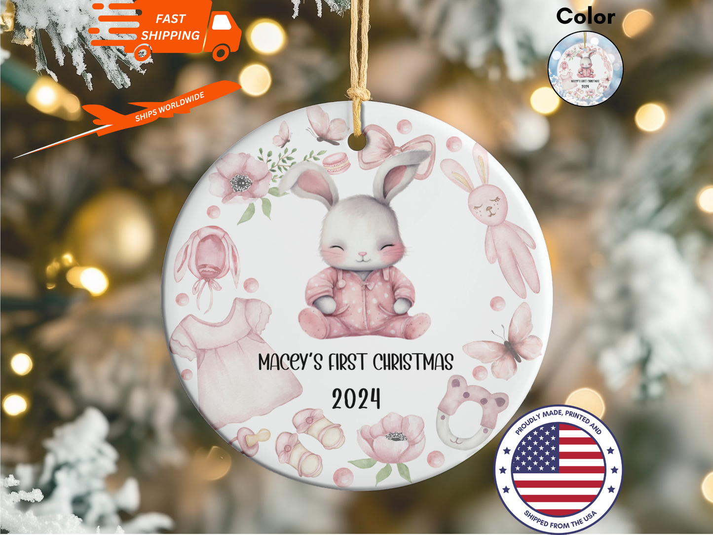 Personalized, Customized Baby’s First Christmas Porcelain Pink Bunny Ornament, Baby’s 1st Christmas Bauble, Baby’s Christmas Keepsake