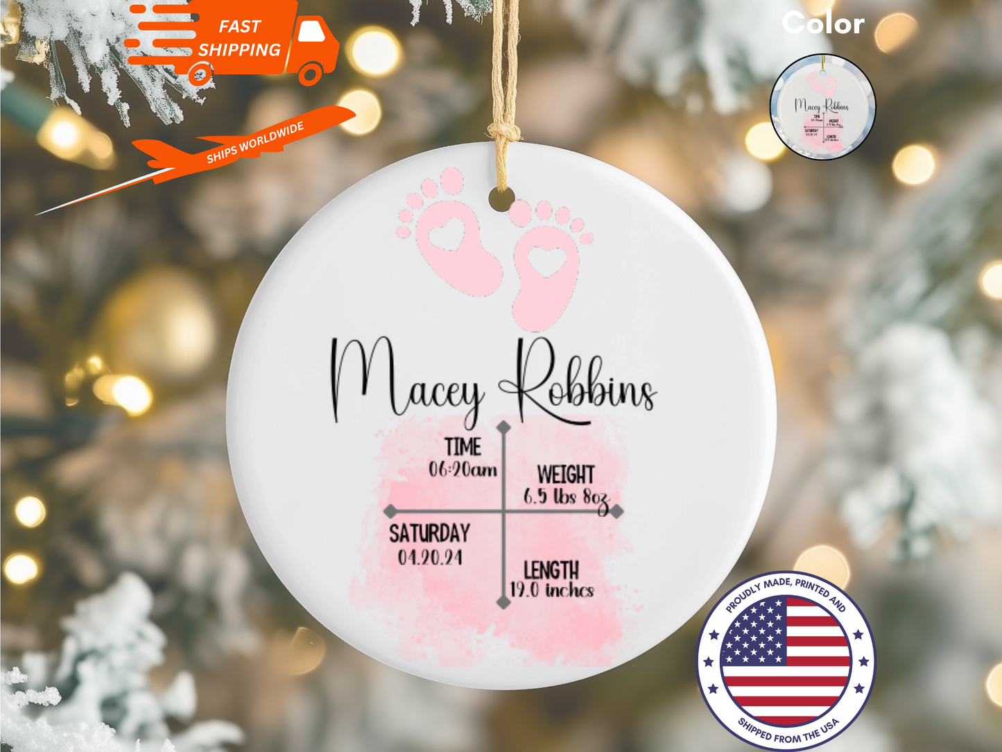 Personalized Newborn Baby Girl Birth Details Porcelain Keepsake Bauble, Baby Girl First Christmas Pink Ornament With Birth Details