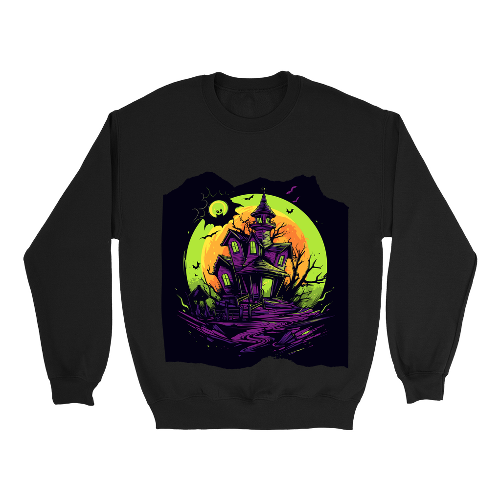 Explore our bewitching collection of Halloween sweatshirts, showcasing the mysterious allure of a haunted house on the front.