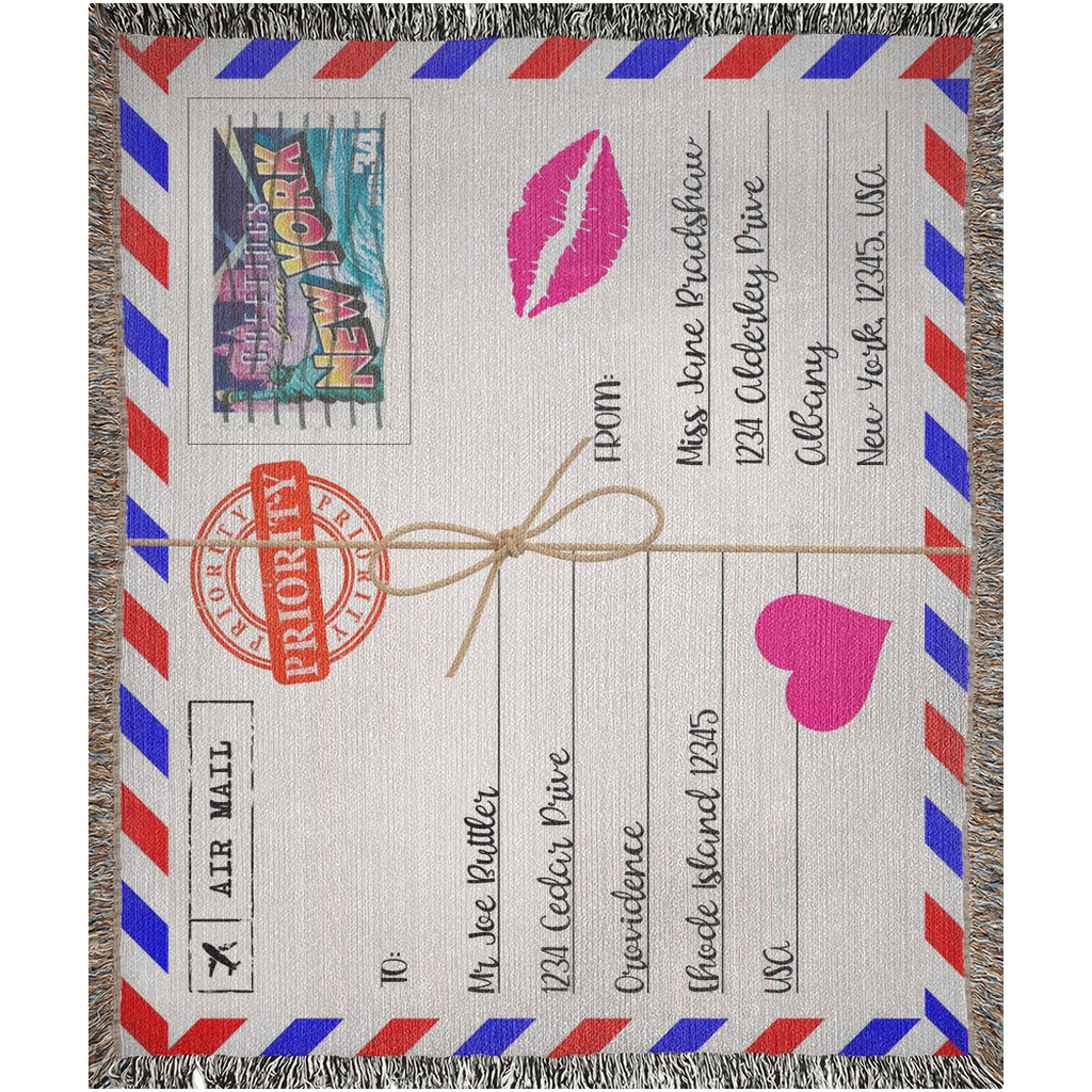 Personalized Custom Jacquard Woven Air Mail Envelope Love Letter Blanket, Personalized Envelope Keepsake Throw, Cotton Anniversary Throw, Blanket Air Mail Envelope with Heart & Lips Stocking Filler, Gift for Partner