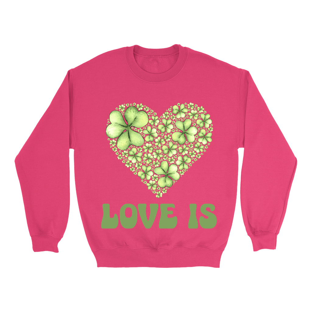 Embrace Love's Warmth:  Introducing 'Love is' Gildan 18000 Sweatshirts - Whimsical Designs, Shamrock & Heart, Cozy Comfort, Thoughtful Sizing