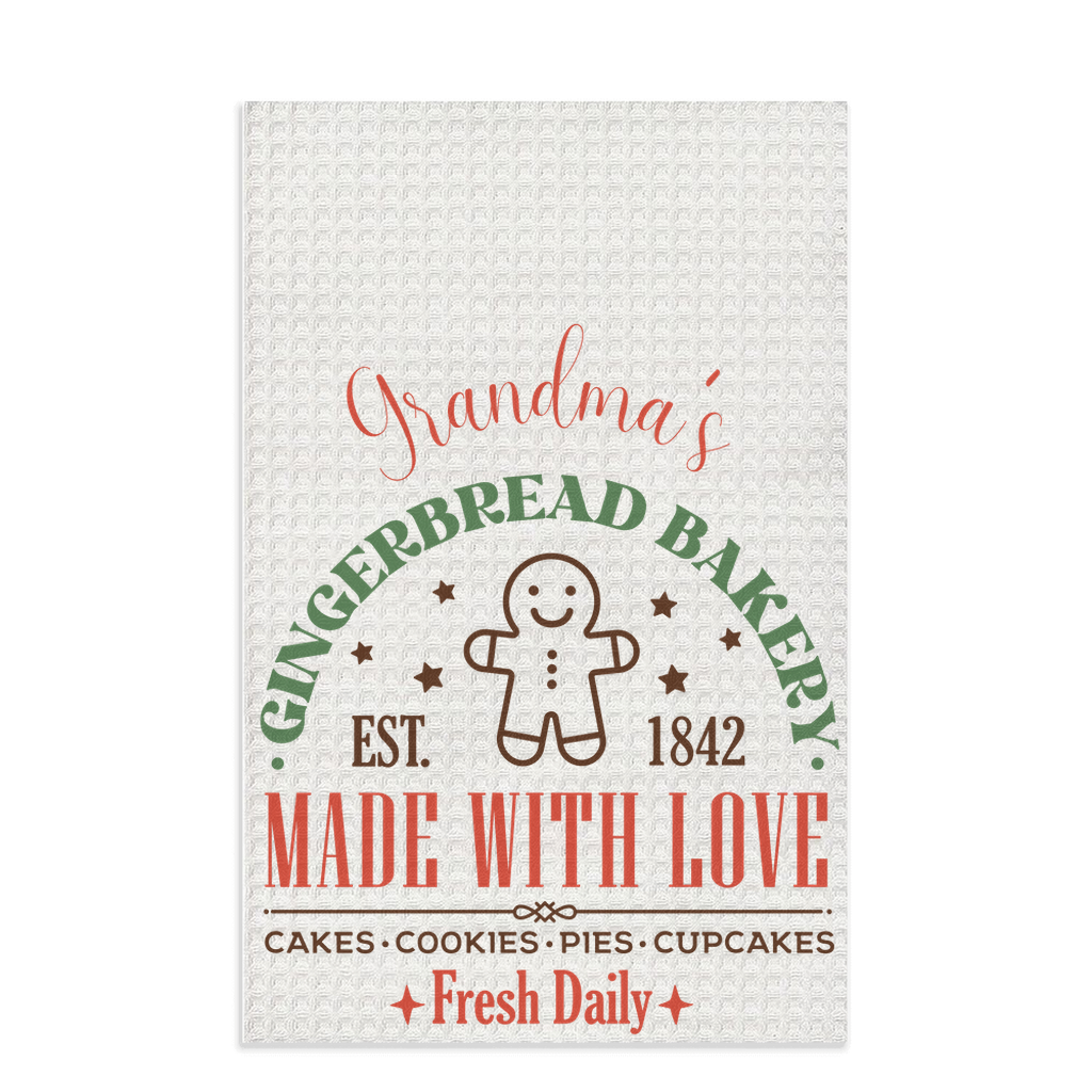 Personalized Beautiful Christmas-Themed "Grandma's Gingerbread Bakery" Waffle Kitchen Tea Towel, Waffle Dish Towel, Cute Stocking Filler