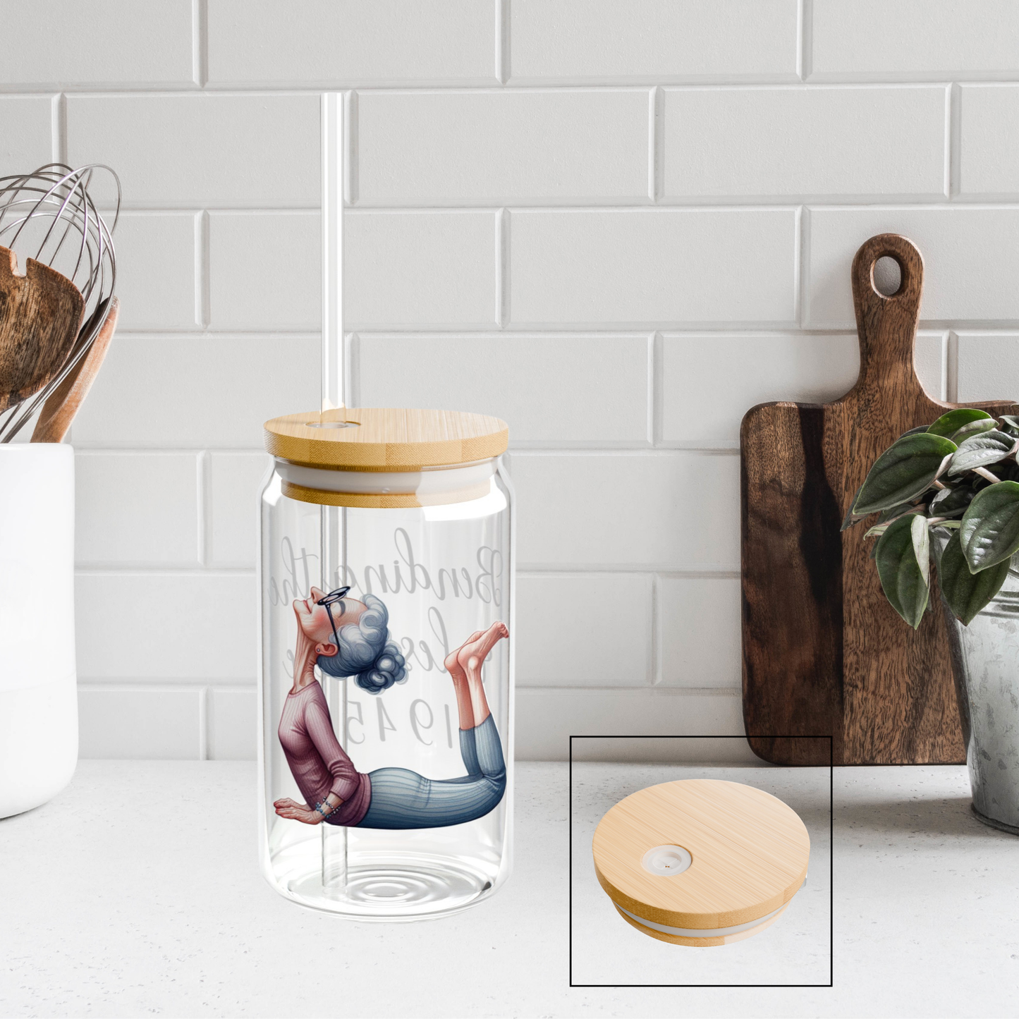 Our "Grandma Yoga" Collection Sipper Glass with Bamboo Lid and Tritan Straw!