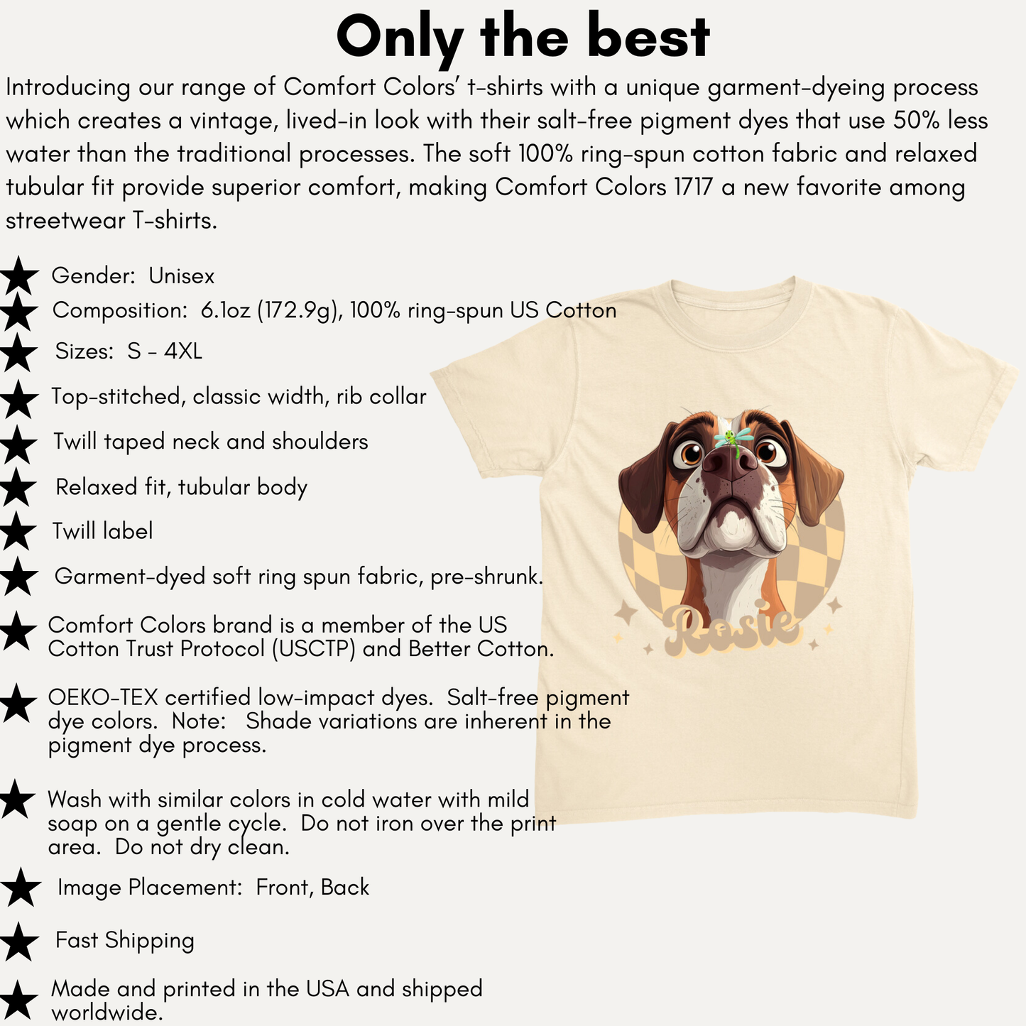 Comfort Colors 1717 Heavyweight Unisex T-Shirt - Whimsical Animal & Insect Portrait With FRONT IMAGE PLACEMENT, Dog Tee, Cat T-shirt.