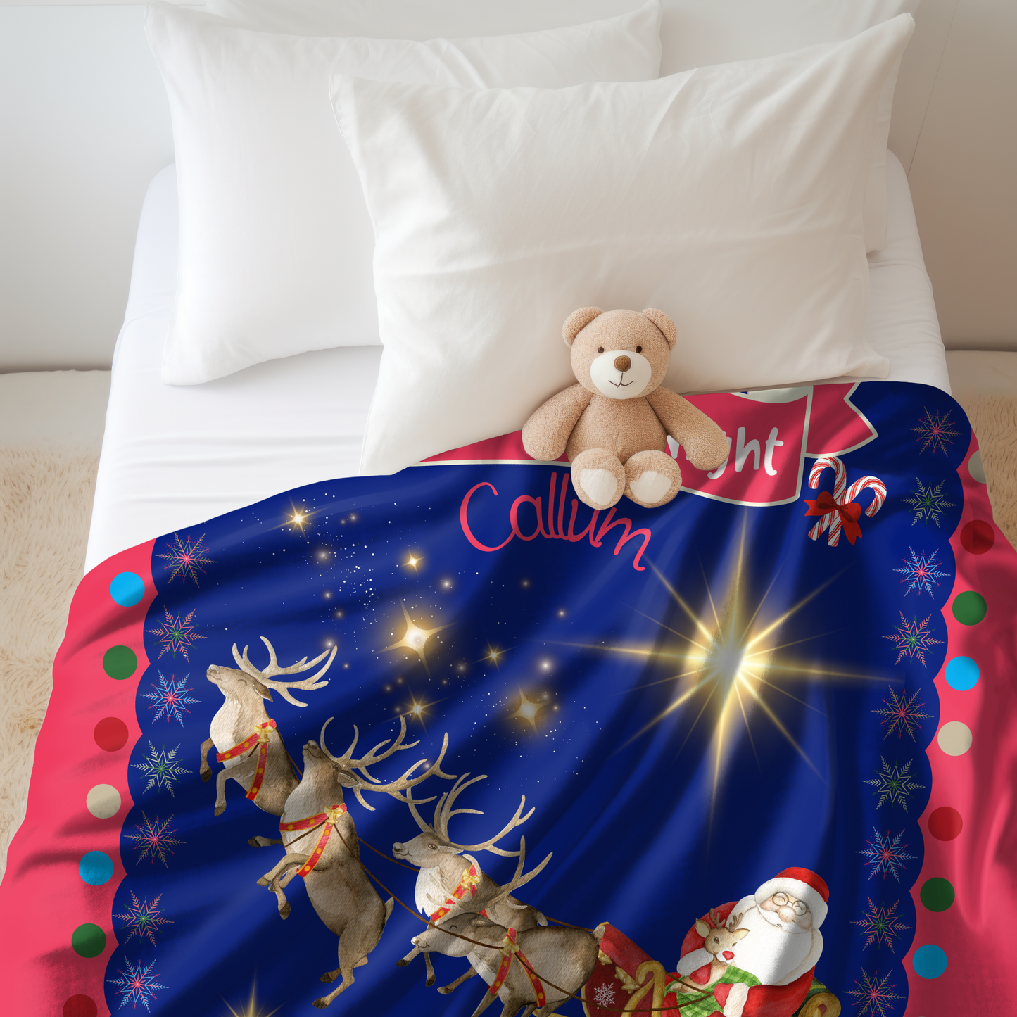 Personalized Children’s Santa's Reindeer Sleigh Plush Minky Blanket, Soft Minky Baby Blanket, 30x40”, 50x60”, 60x80” Kids Throw Blanket.