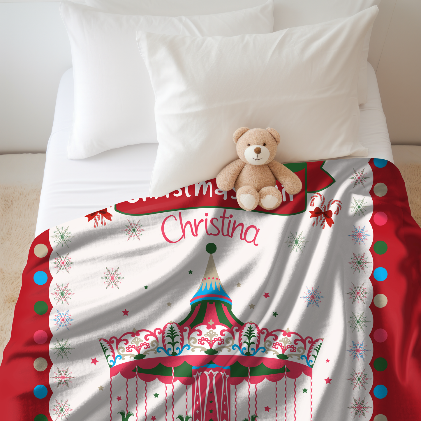 Personalized Children’s Christmas Carousel Plush Minky Blanket, Soft Minky Baby Blanket, 30x40”, 50x60”, 60x80” Kids Throw Blanket.