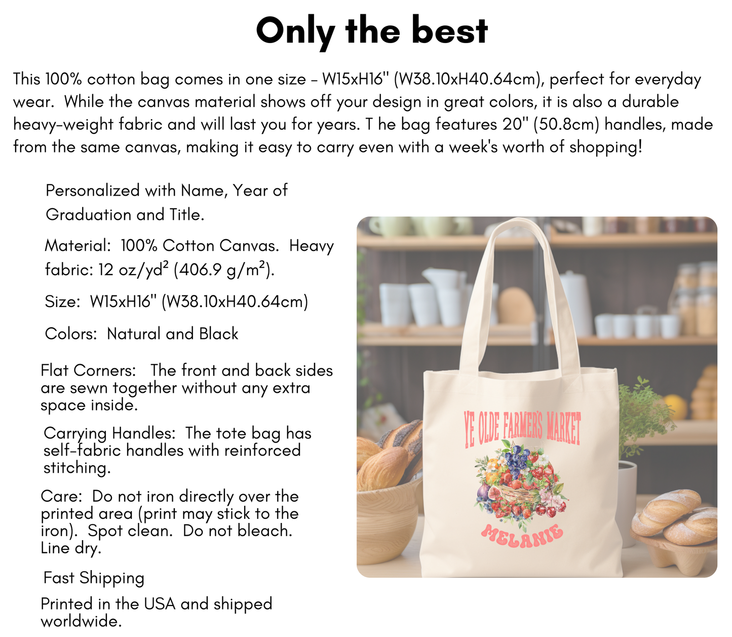 Personalized Cotton Canvas Ye Olde Farmer's Market Tote Bags - Durable, Stylish and Customizable!  Gift for friend, family or co-worker.