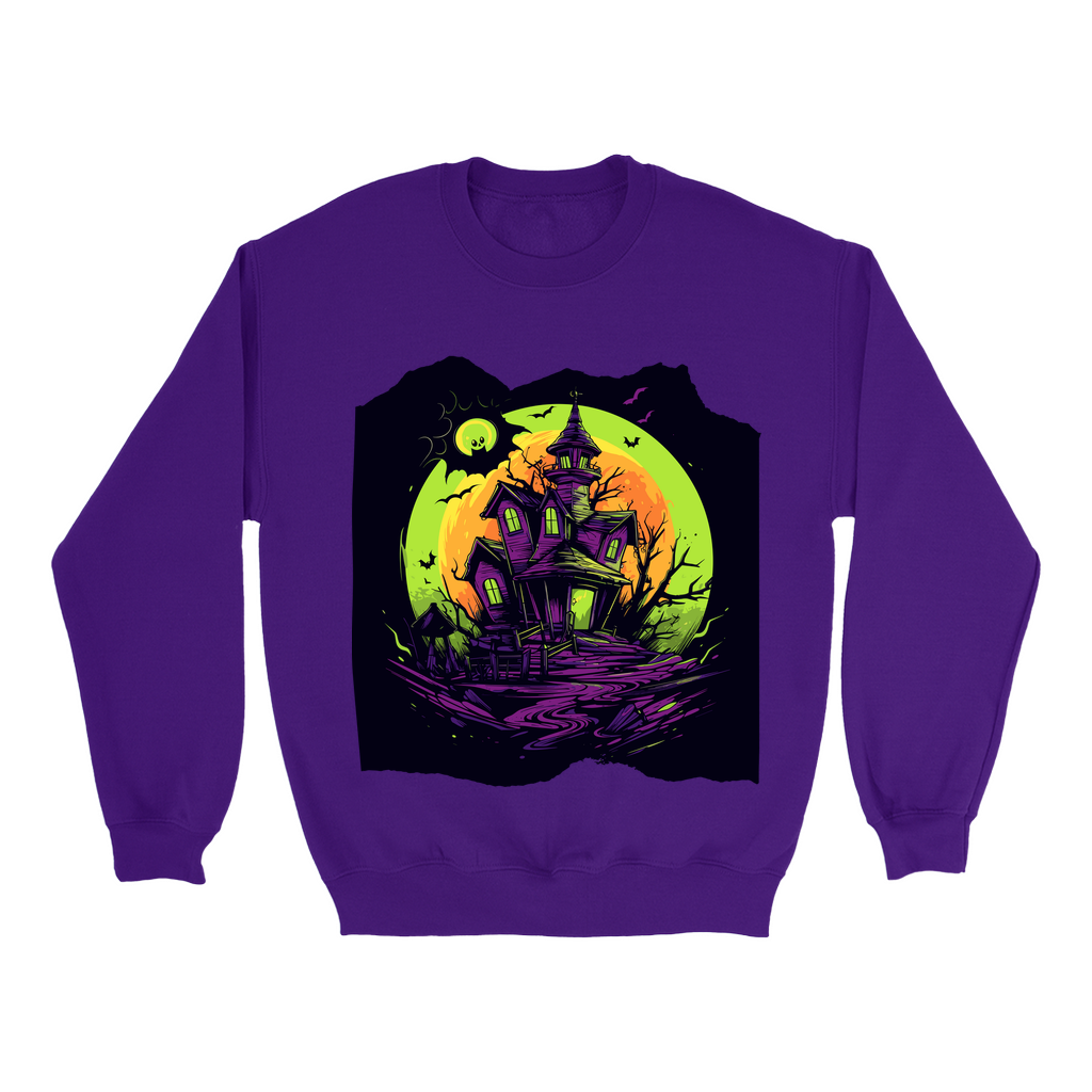 Explore our bewitching collection of Halloween sweatshirts, showcasing the mysterious allure of a haunted house on the front.