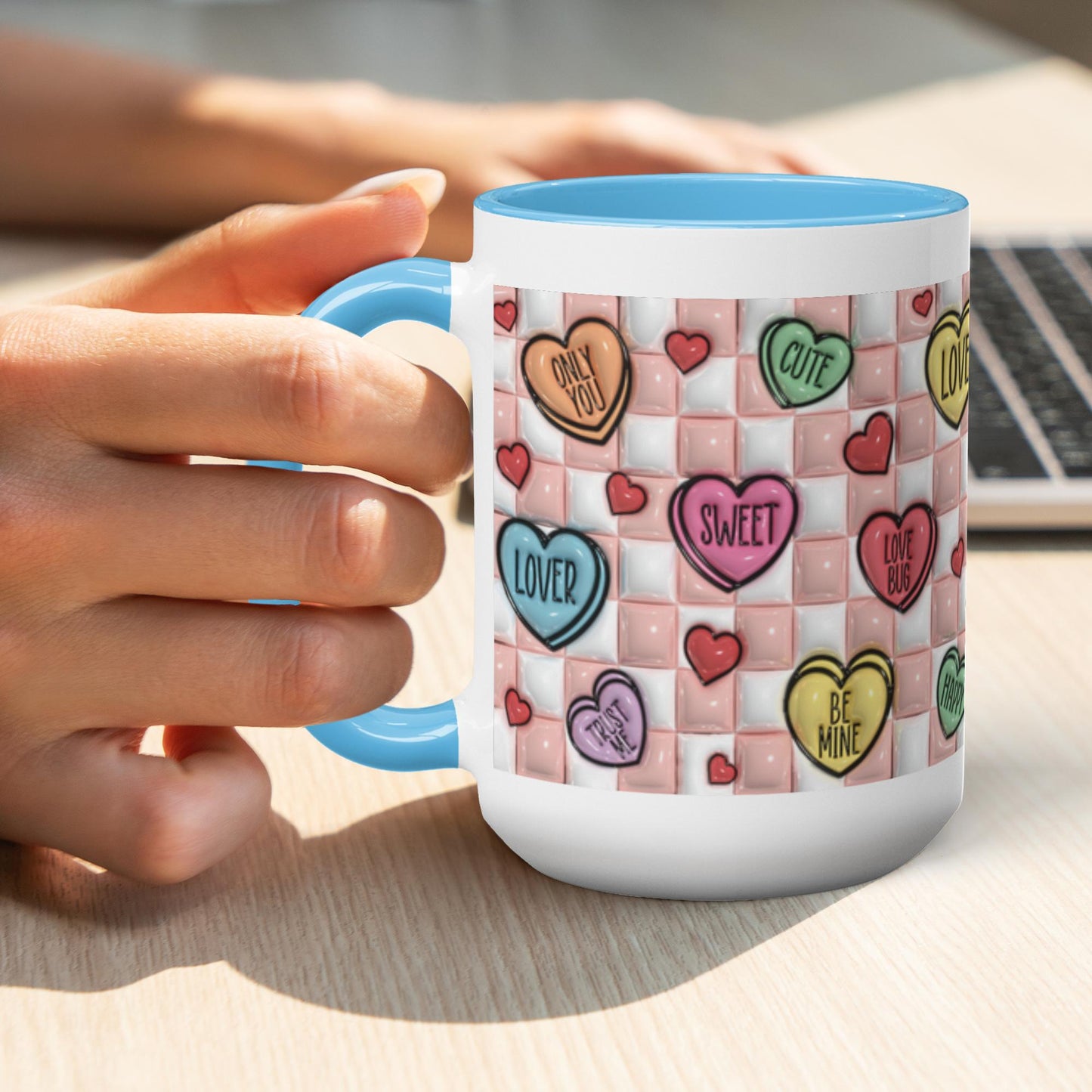 Love Unleashed:  Valentine’s Candy Hearts Two-Tone Mugs - A Symphony of Colors on Glossy White Canvas, Sip Romance Daily!