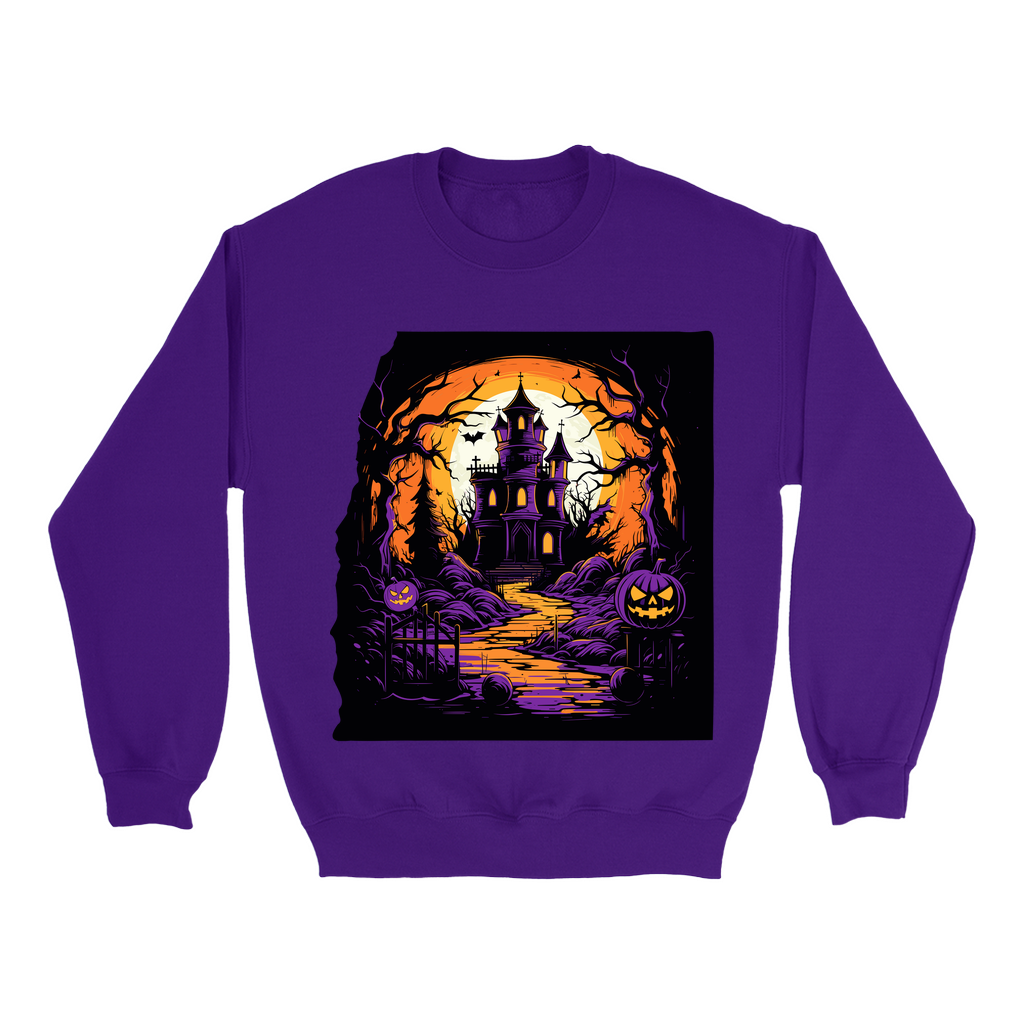Explore our bewitching collection of Halloween sweatshirts, showcasing the mysterious allure of a haunted house on the front.