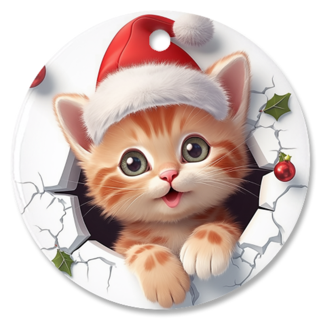Radiant 3D Animal Breakthrough Porcelain Christmas Kitten Ornament:  Elegance in Every Detail for Your Holiday Joy!