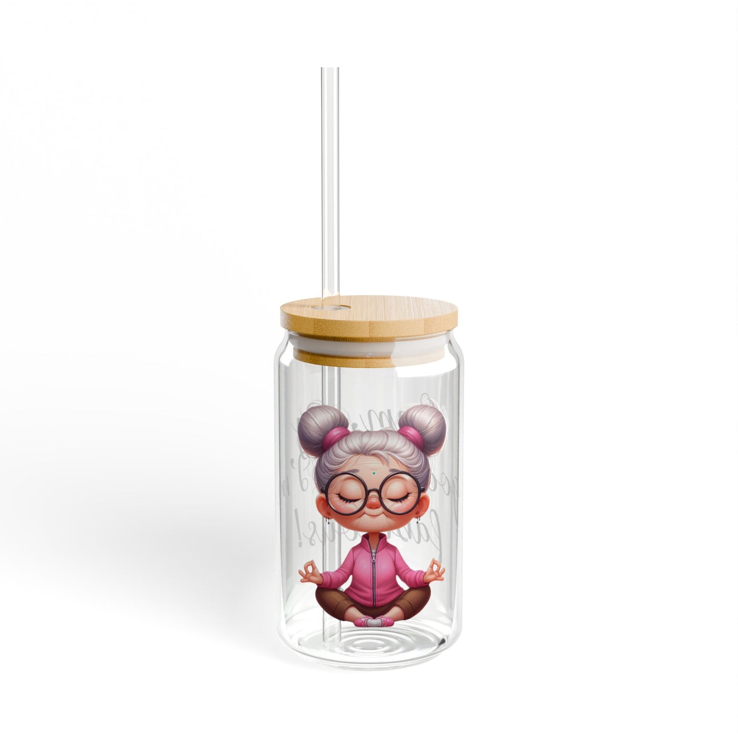 Our "Grandma Yoga" Collection Sipper Glass with Bamboo Lid and Tritan Straw!