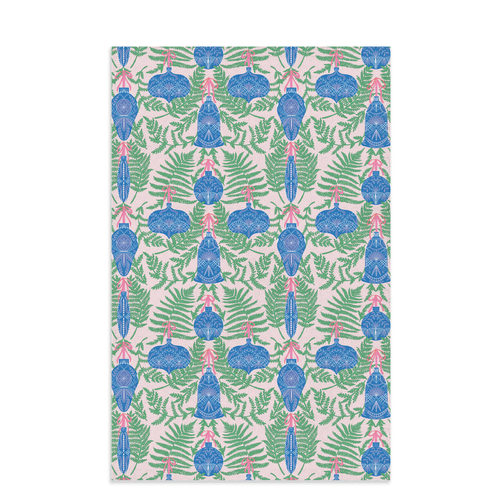 Christmas-Themed Blue and Green Ornament Waffle Kitchen Tea Towel, Waffle Towel, Cute Stocking Filler