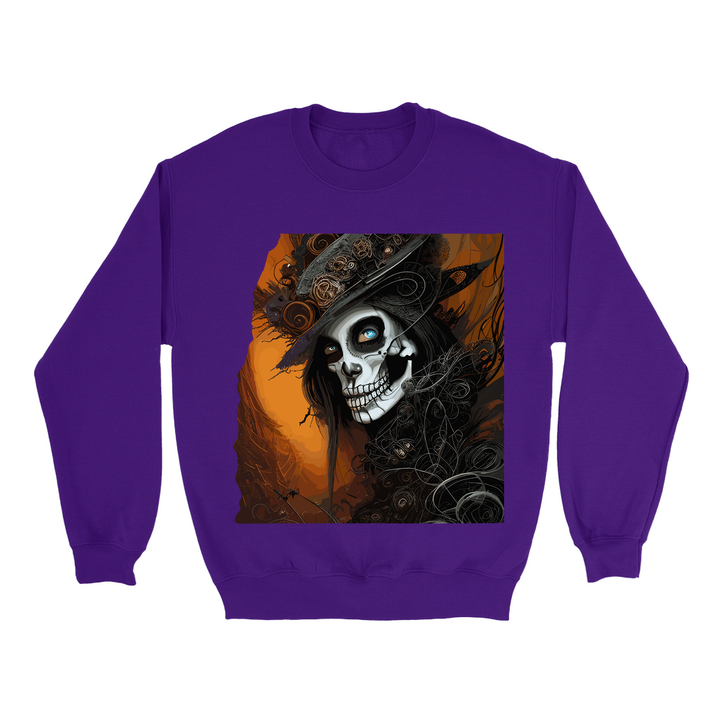 Explore our bewitching collection of Halloween sweatshirts, showcasing the mysterious allure of a Goth skeleton on the front.