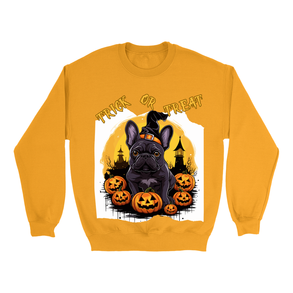 Explore our bewitching collection of Halloween sweatshirts, showcasing the mysterious allure of a French bull dog on the front.