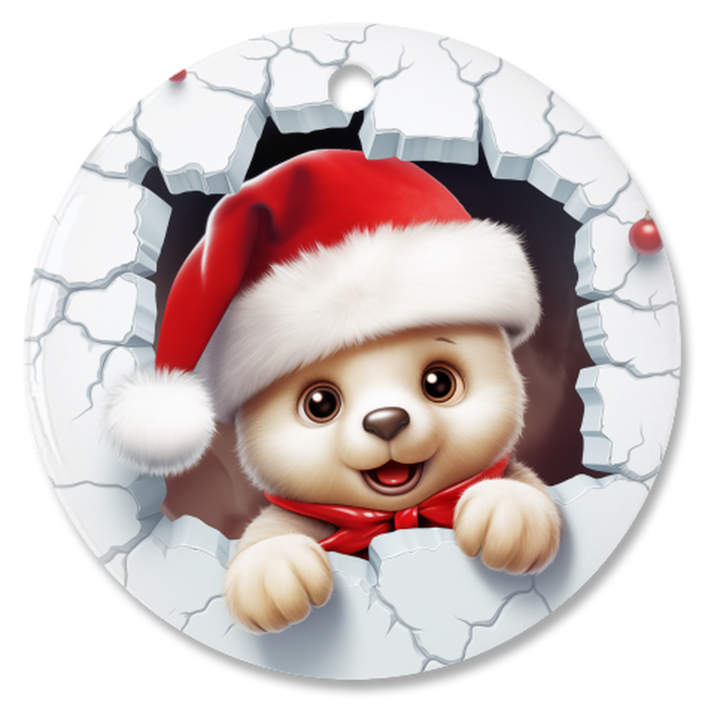 Radiant 3D Animal Breakthrough Porcelain Christmas Teddy Bear Ornament:  Elegance in Every Detail for Your Holiday Joy!