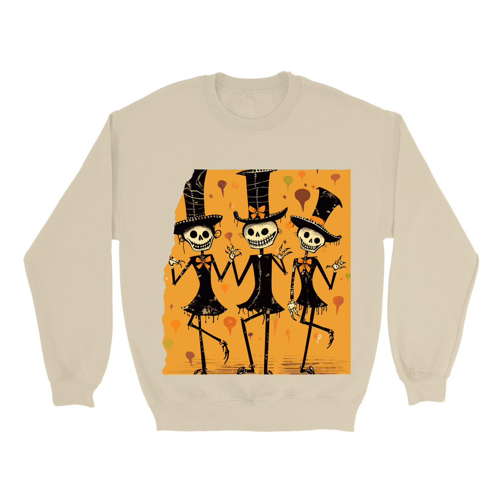 Explore our bewitching collection of Halloween sweatshirts, showcasing the mysterious allure of dancing skeletons on the front.