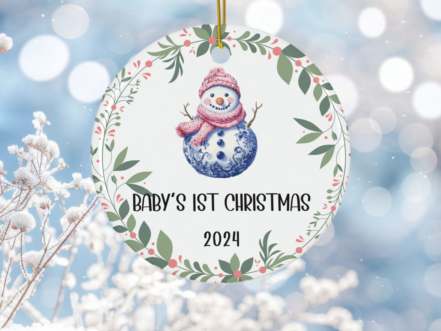 Personalized, Customized Baby’s First Christmas Tree Porcelain Snowman Ornament, Baby’s 1st Christmas Bauble, Baby’s Christmas Keepsake