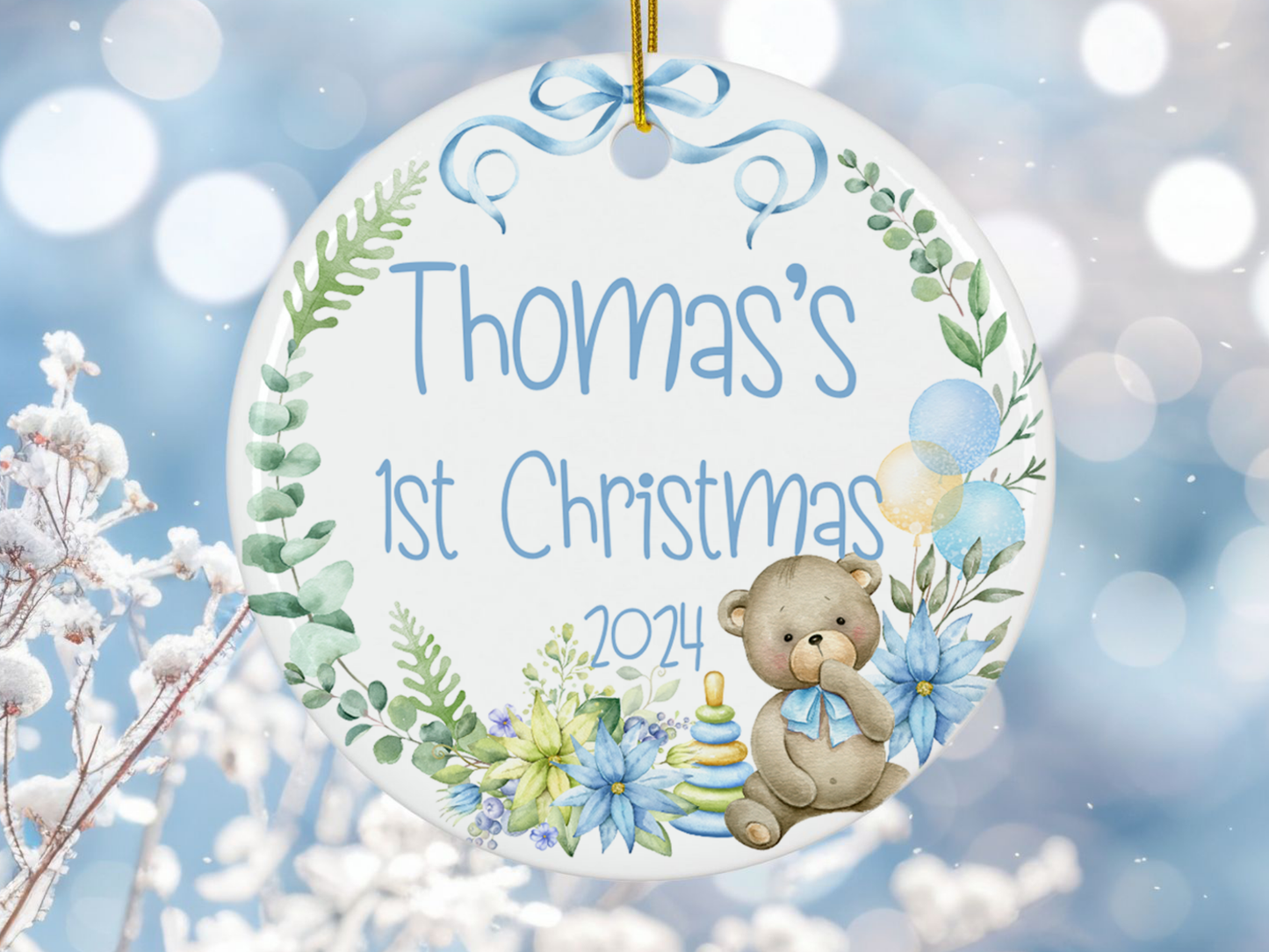 Personalized, Customized Baby’s First Christmas Tree Porcelain Teddy Bear Ornament, Baby’s 1st Christmas Bauble, Baby’s Christmas Keepsake