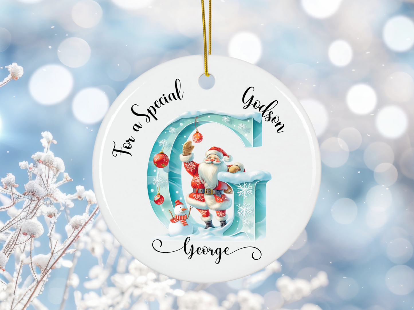 Personalized Christmas Ice Alphabet Godson Christmas Tree Porcelain Ornament, For A Special Godson Bauble, Christmas Keepsake