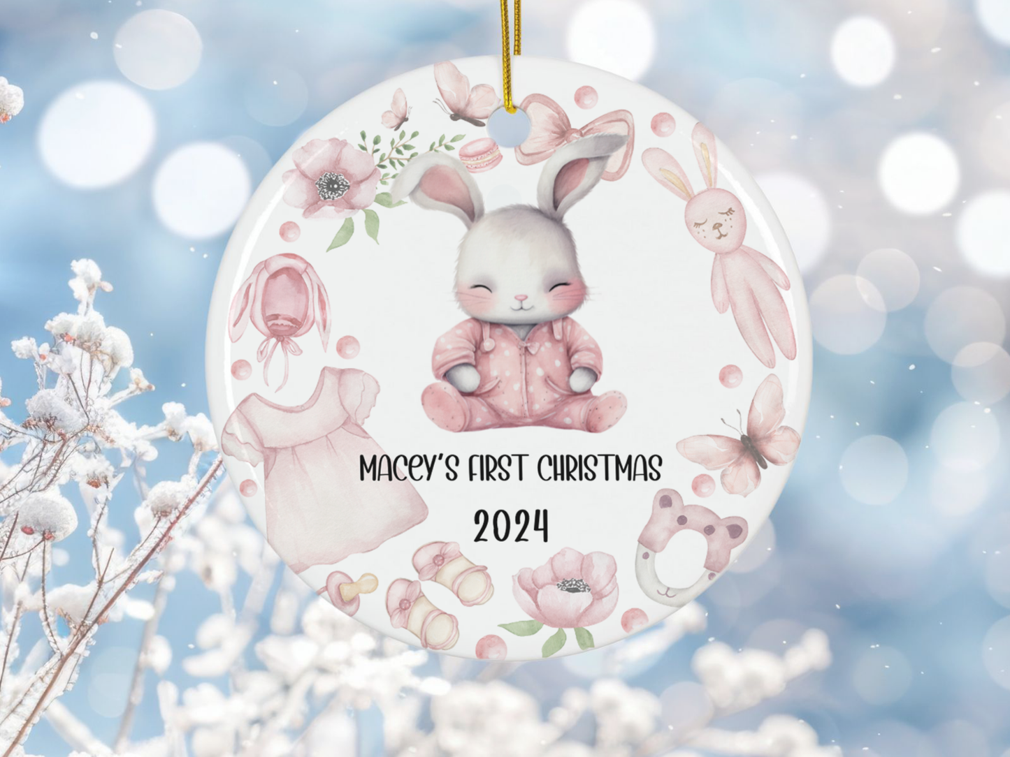 Personalized, Customized Baby’s First Christmas Porcelain Pink Bunny Ornament, Baby’s 1st Christmas Bauble, Baby’s Christmas Keepsake