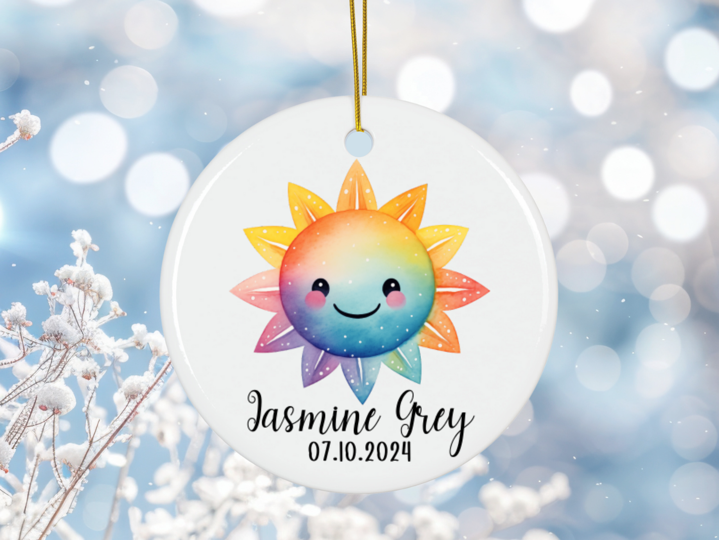 Personalized Newborn Baby Girl And Boy Sun Porcelain Keepsake Bauble, Baby Girl And Boy First Christmas Colorful Sun Ornament