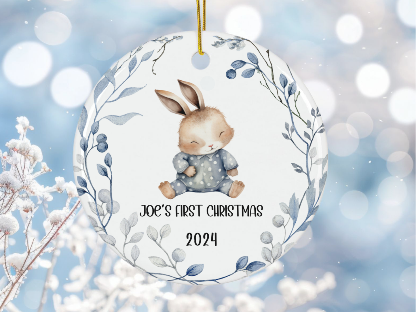 Personalized, Customized Baby’s First Christmas Porcelain Grey Bunny Ornament, Baby’s 1st Christmas Bauble, Baby’s Christmas Keepsake