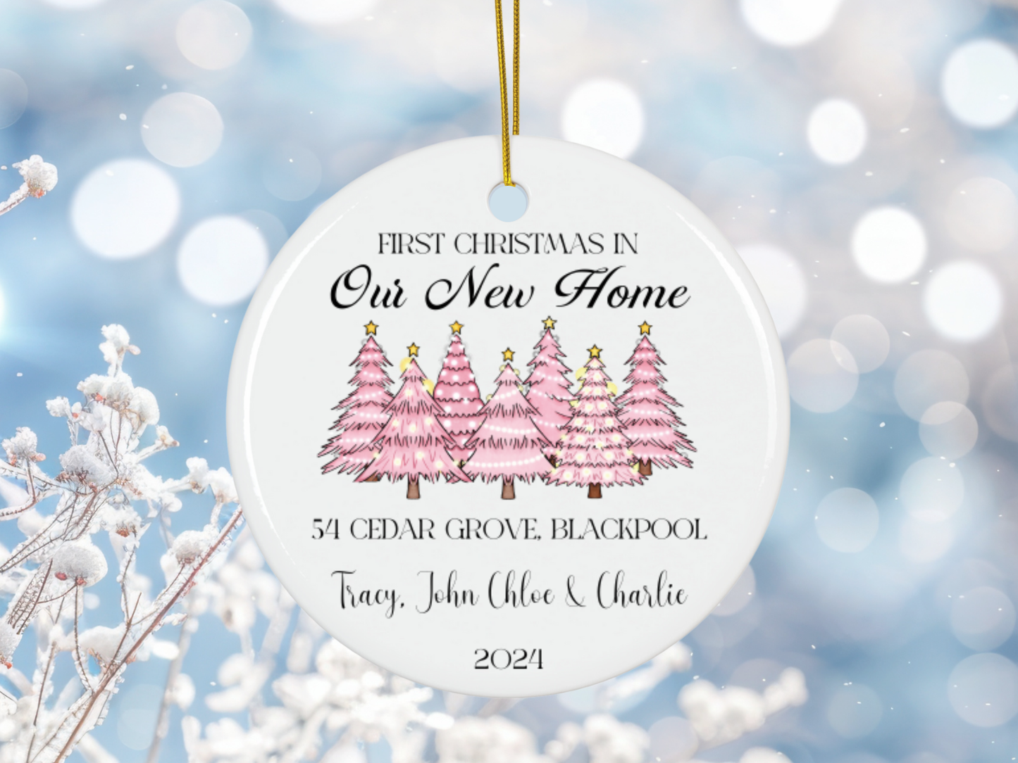 Personalized “First Christmas In Our New Home” Pink Christmas Tree Porcelain Ornament, Customized New House Bauble, Our First Home Keepsake