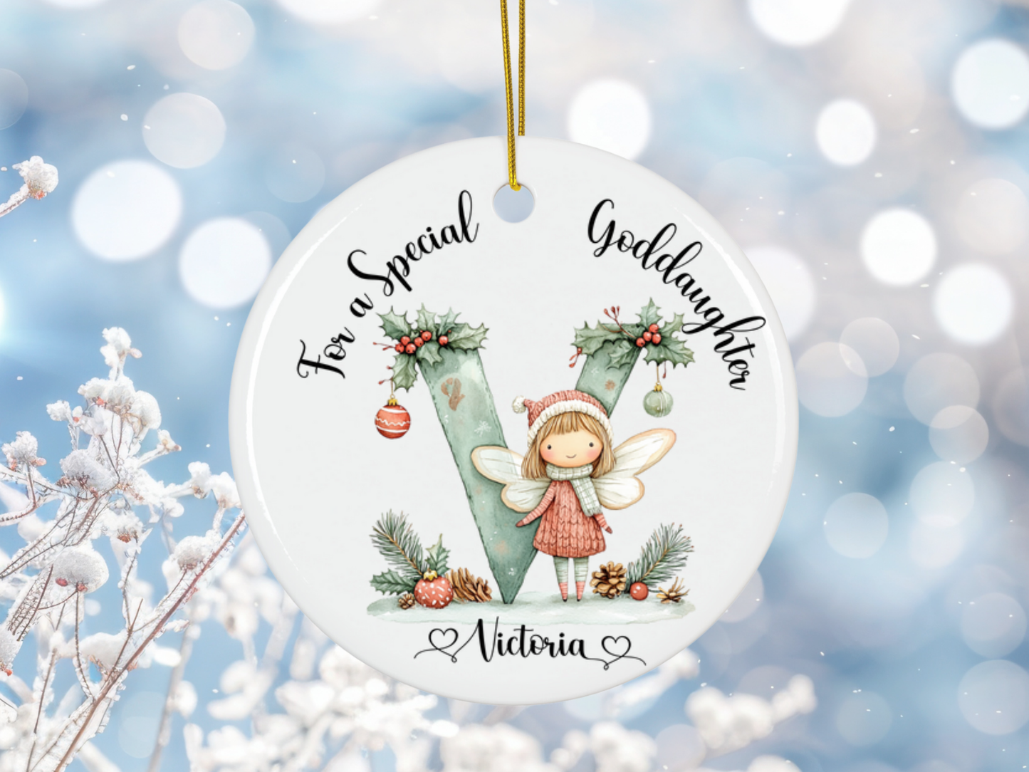 Personalized Christmas Fairy Alphabet Goddaughter Christmas Tree Porcelain Ornament, For A Special Goddaughter Bauble, Christmas Keepsake