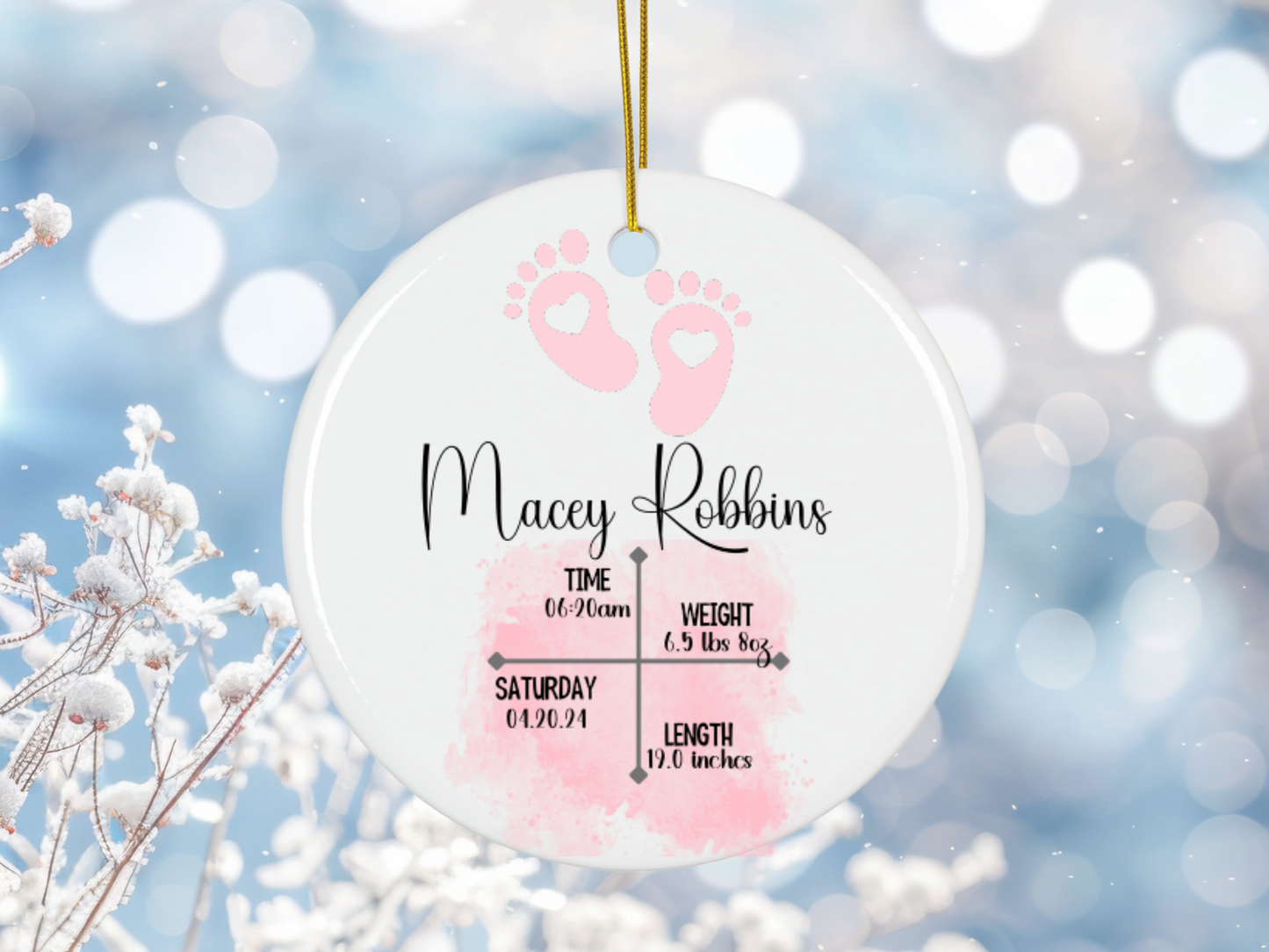 Personalized Newborn Baby Girl Birth Details Porcelain Keepsake Bauble, Baby Girl First Christmas Pink Ornament With Birth Details