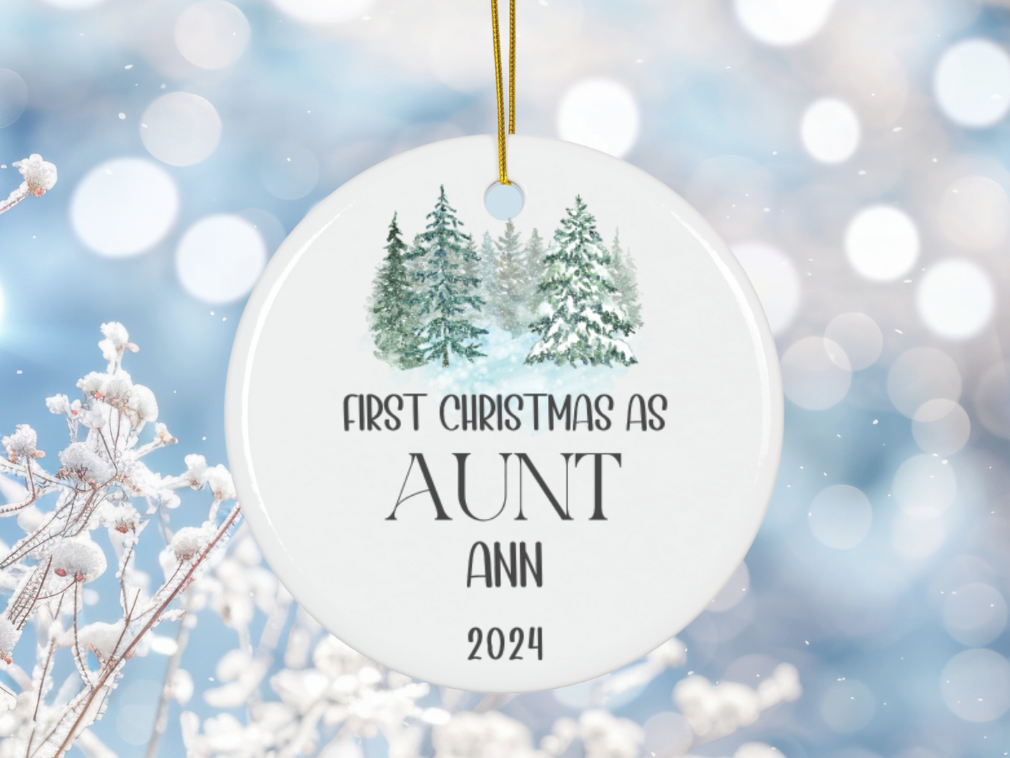 Personalized "First Christmas As Aunt" Christmas Tree Porcelain Ornament, 1st Xmas Bauble Decoration for Aunt