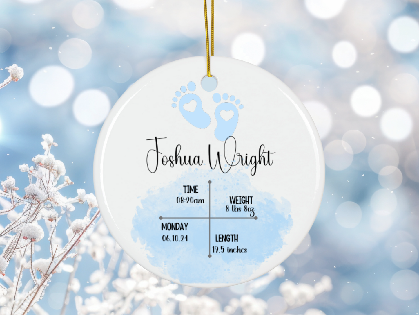 Personalized Newborn Baby Boy Birth Details Porcelain Keepsake Bauble, Baby Boy First Christmas Pastel Rainbow Ornament With Birth Details