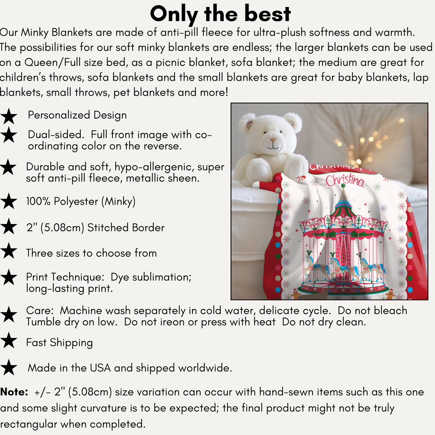 Personalized Children’s Christmas Carousel Plush Minky Blanket, Soft Minky Baby Blanket, 30x40”, 50x60”, 60x80” Kids Throw Blanket.