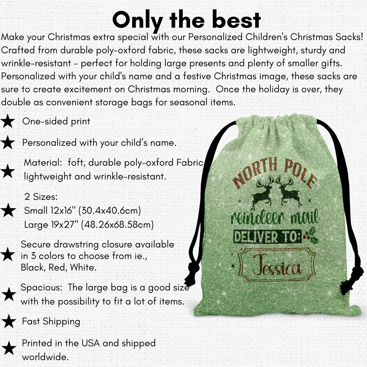 Personalized Large Christmas Drawstring Sack, "North Pole Reindeer Mail, Deliver To..." Personalized Bag, Santa Sack, Kid's Christmas Sack, Christmas Bags, Party Supplies Bag, Gift Sacks