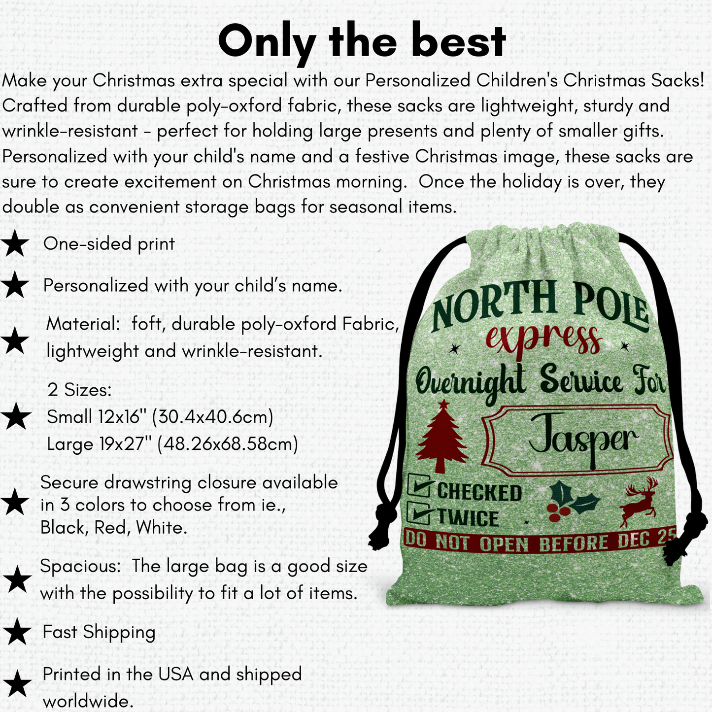 Personalized Large Christmas Drawstring Sack, "North Pole Express, Overnight Service For...." Personalized Bag, Santa Sack, Kid's Christmas Sack, Christmas Bags, Party Supplies Bag, Gift Sacks