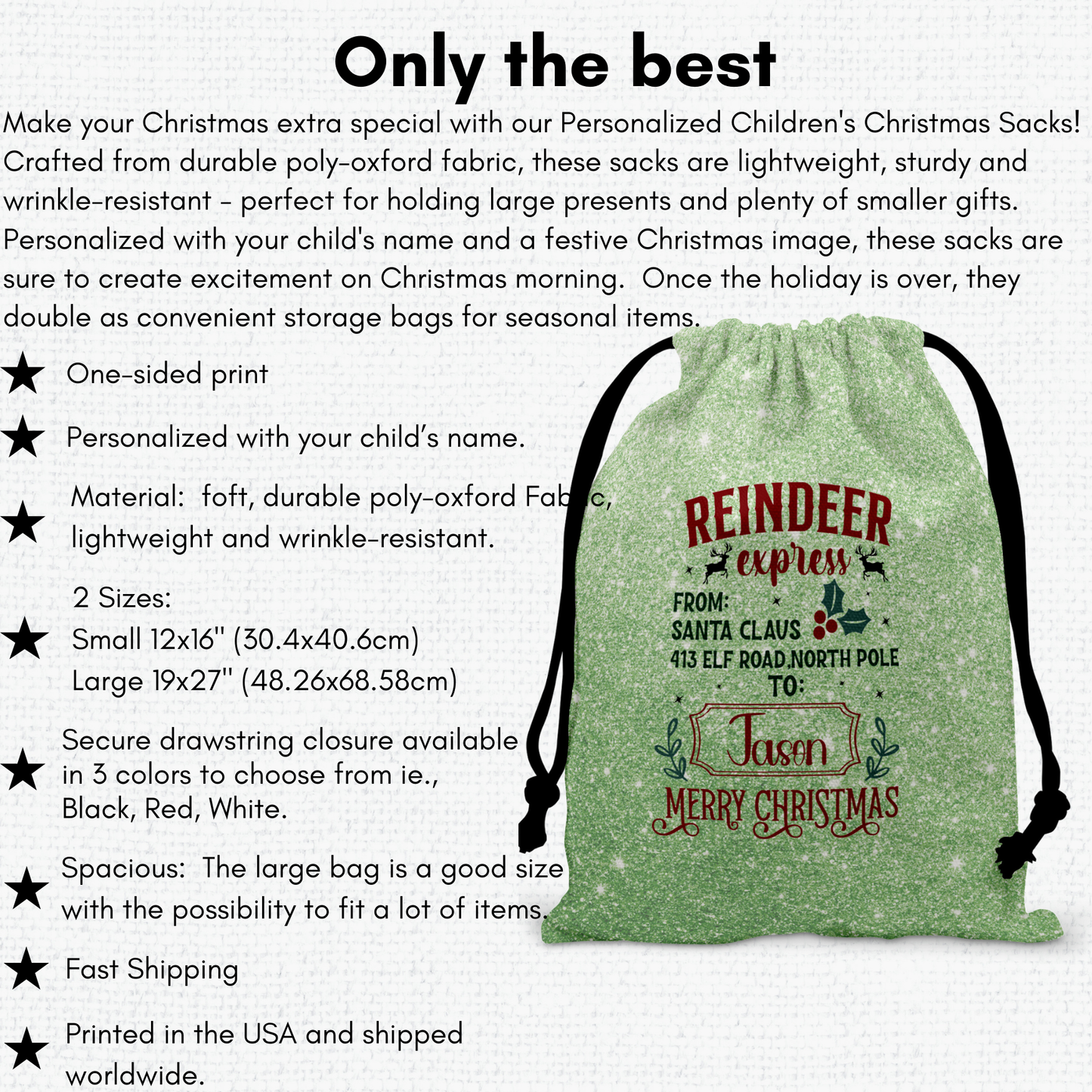 Personalized Large Christmas Drawstring Sack, "Reindeer Express from Santa Claus To Jason" Personalized Bag, Santa Sack, Kid's Christmas Sack, Christmas Bags, Party Supplies Bag, Gift Sacks