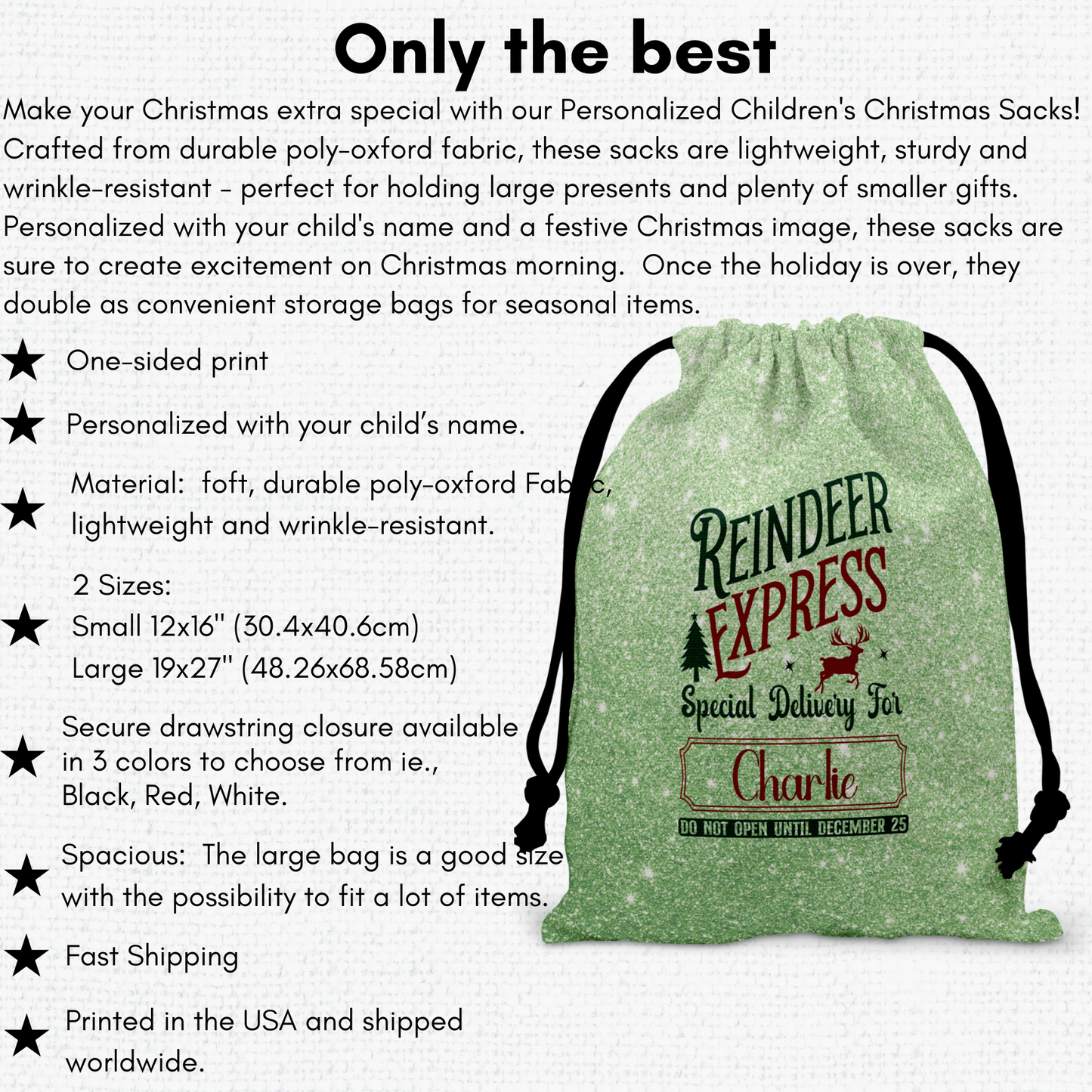 Personalized Large Christmas Drawstring Sack, "Reindeer Express Special Delivery For..."Personalized Bag, Santa Sack, Kid's Christmas Sack, Christmas Bags, Party Supplies Bag, Gift Sacks