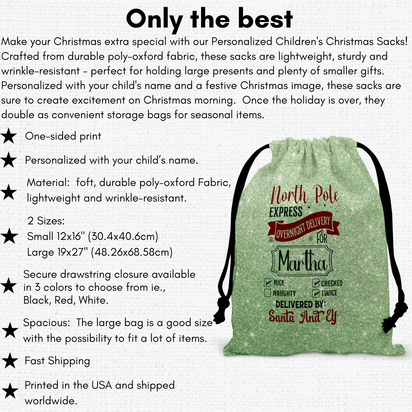 Personalized Large Christmas Drawstring Sack, "Overnight Express Personalized Bag, Santa Sack, Kid's Christmas Sack, Christmas Bags, Party Supplies Bag, Gift Sacks