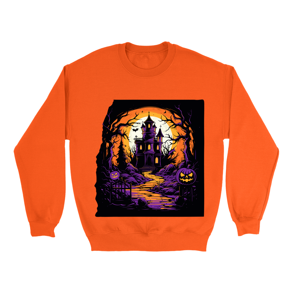 Explore our bewitching collection of Halloween sweatshirts, showcasing the mysterious allure of a haunted house on the front.