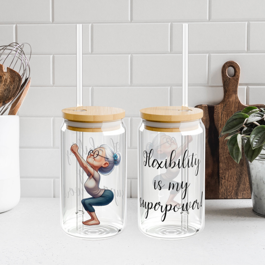 Our "Grandma Yoga" Collection Sipper Glass with Bamboo Lid and Tritan Straw!