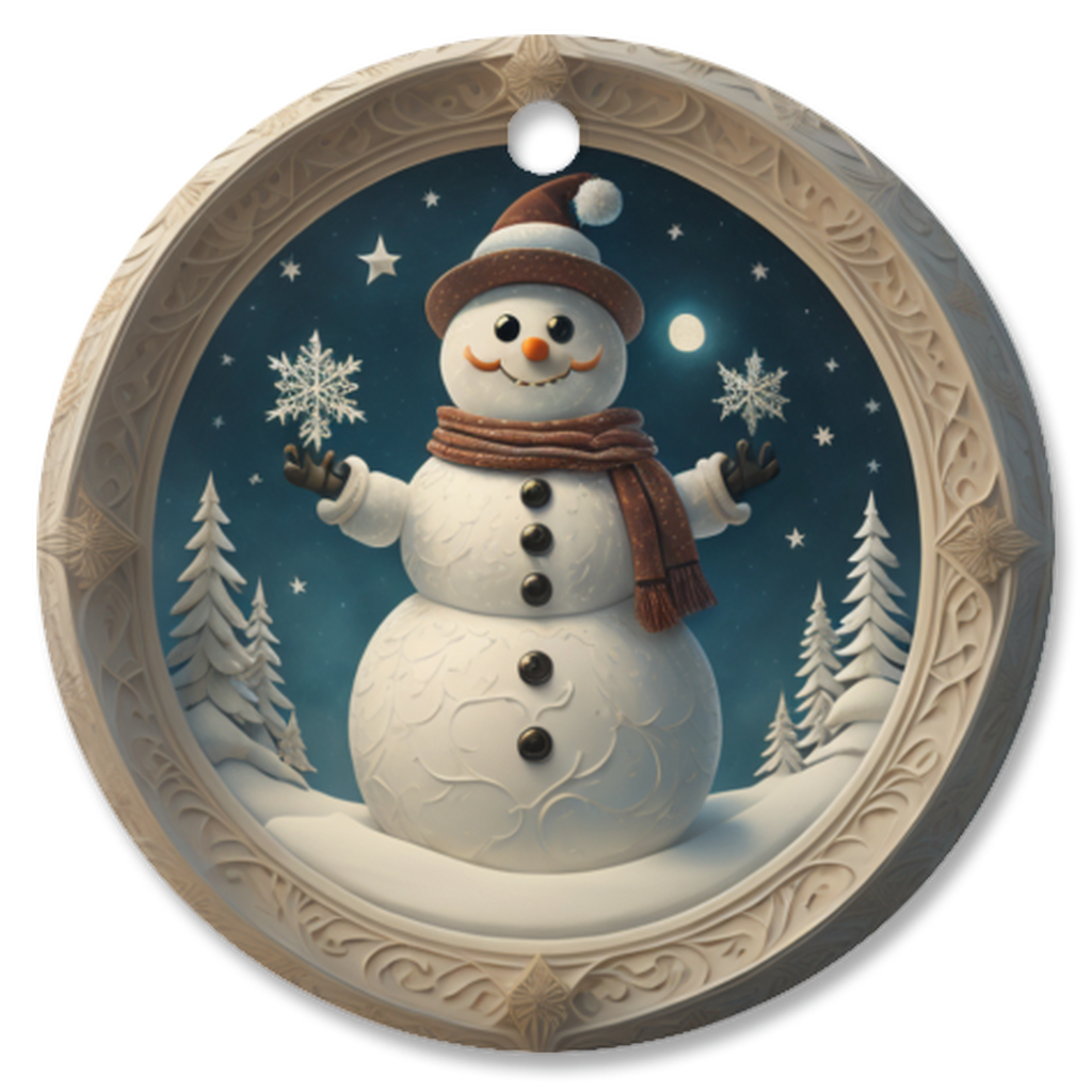 Radiant 3D Image Porcelain Christmas Snowman Ornament:  Elegance in Every Detail for Your Holiday Joy!