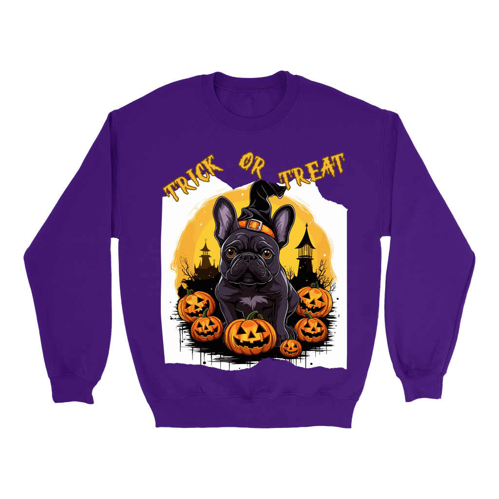 Explore our bewitching collection of Halloween sweatshirts, showcasing the mysterious allure of a French bull dog on the front.