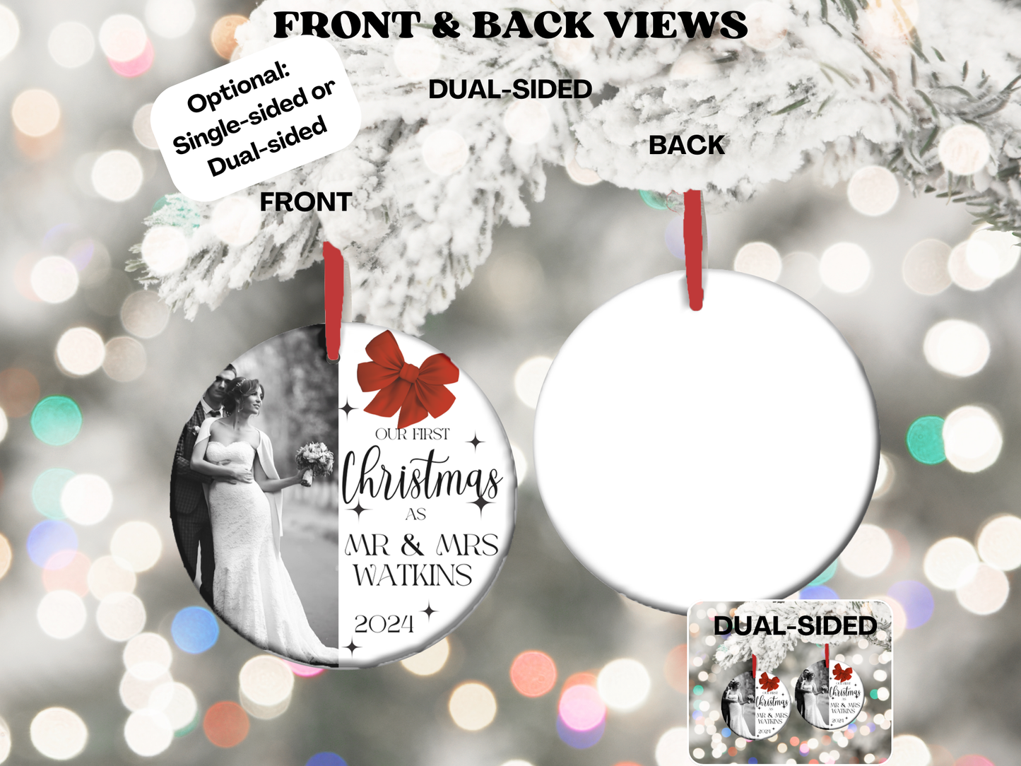 Personalized Photo First Christmas as Mr & Mrs, Mr & Mr, Mrs & Mrs Bauble Porcelain Ornament, First Christmas Married Milestone Keepsake