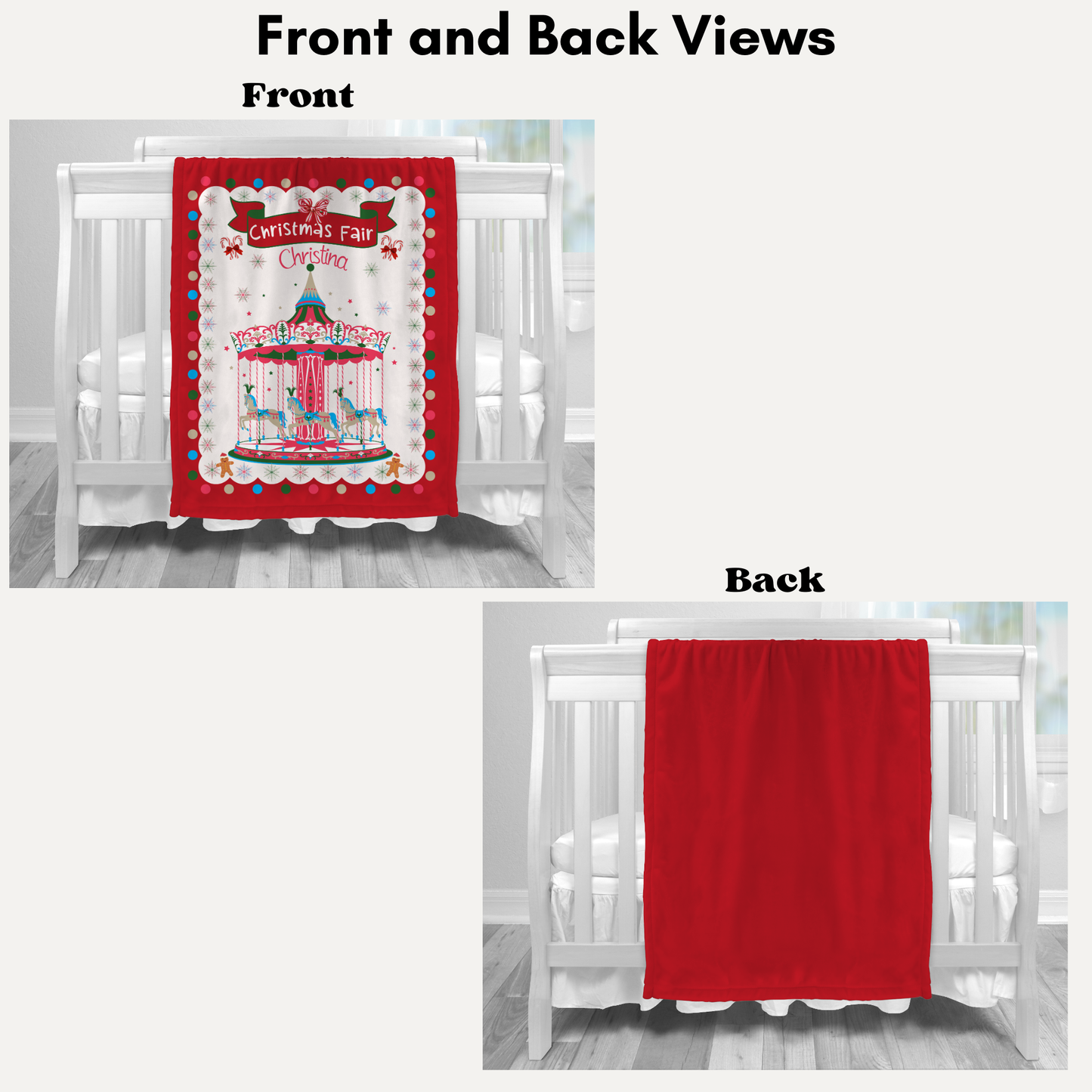 Personalized Children’s Christmas Carousel Plush Minky Blanket, Soft Minky Baby Blanket, 30x40”, 50x60”, 60x80” Kids Throw Blanket.