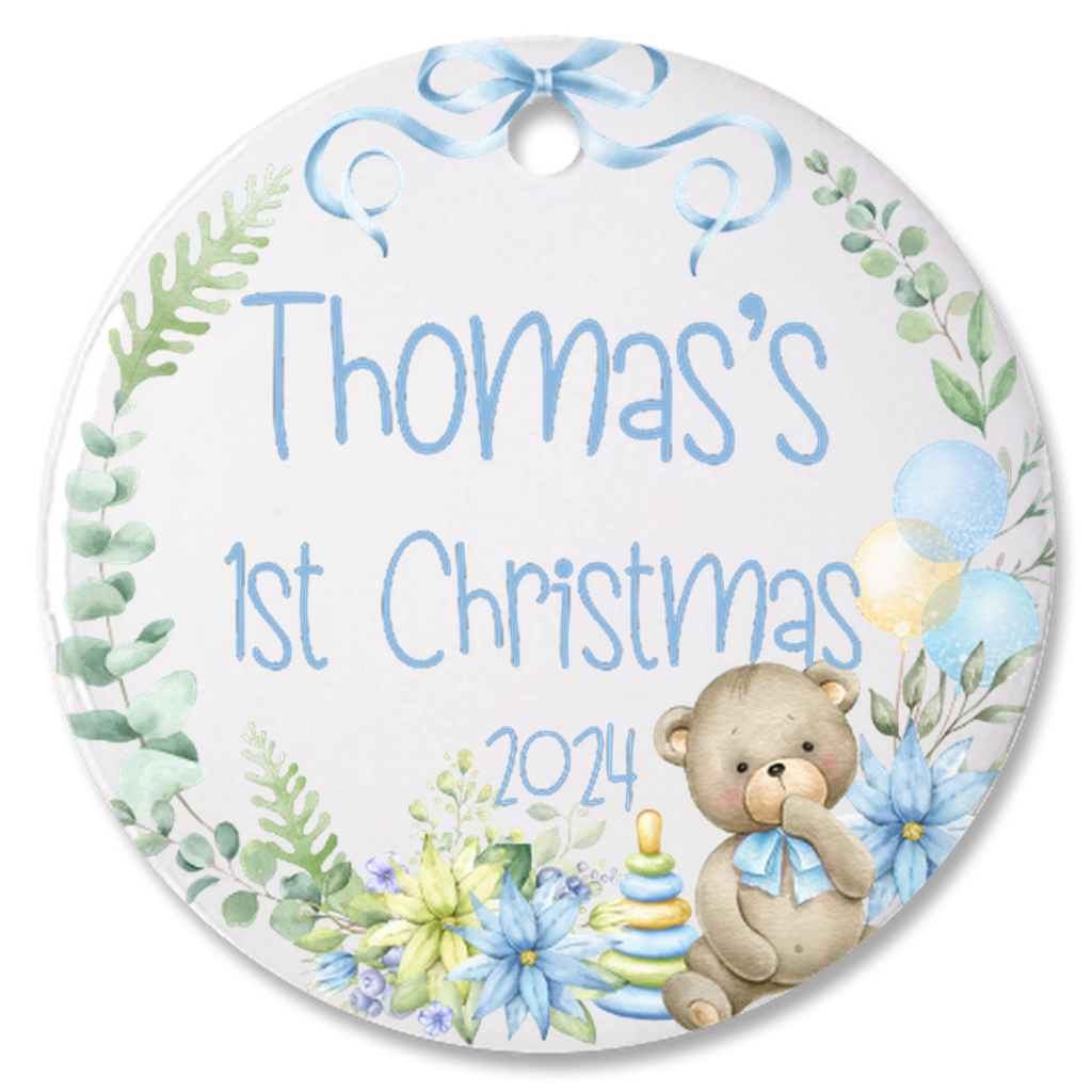 Personalized, Customized Baby’s First Christmas Tree Porcelain Teddy Bear Ornament, Baby’s 1st Christmas Bauble, Baby’s Christmas Keepsake