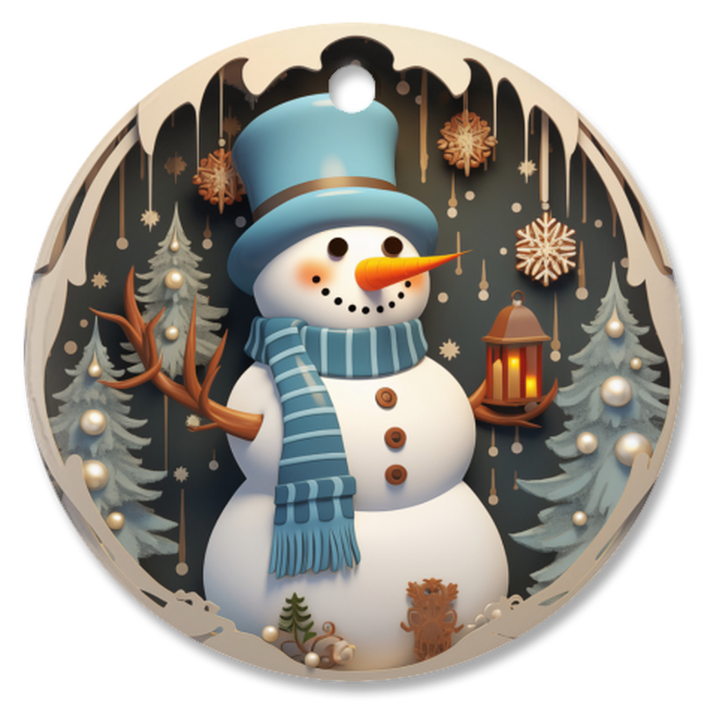 Radiant 3D Image Porcelain Christmas Snowman Ornament:  Elegance in Every Detail for Your Holiday Joy!