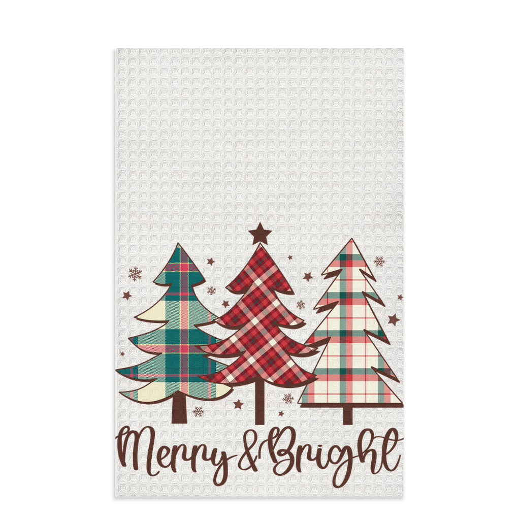 Beautiful Tartan Christmas Tree-Themed "Merry & Bright" Waffle Kitchen Tea Towel, Cute Christmas Waffle Dish Towel, Cute Stocking Filler