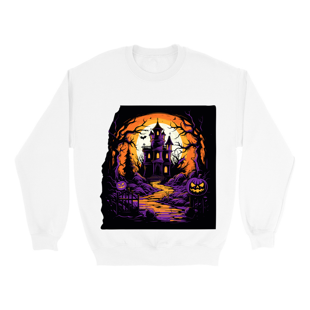 Explore our bewitching collection of Halloween sweatshirts, showcasing the mysterious allure of a haunted house on the front.
