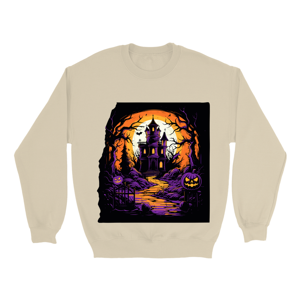 Explore our bewitching collection of Halloween sweatshirts, showcasing the mysterious allure of a haunted house on the front.