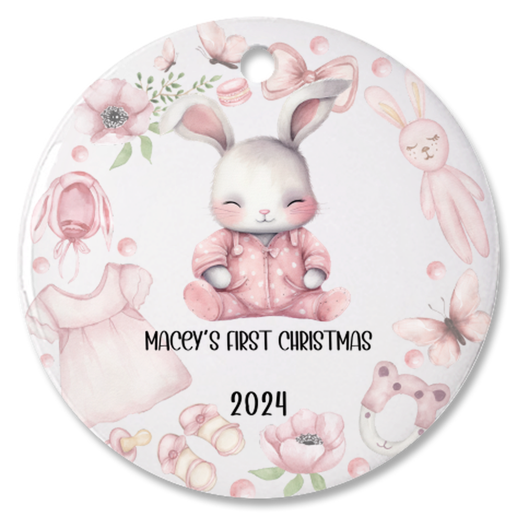 Personalized, Customized Baby’s First Christmas Porcelain Pink Bunny Ornament, Baby’s 1st Christmas Bauble, Baby’s Christmas Keepsake